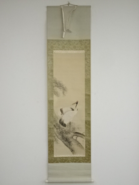 JAPANESE HANGING SCROLL / HAND PAINTED / PINE & CRANE